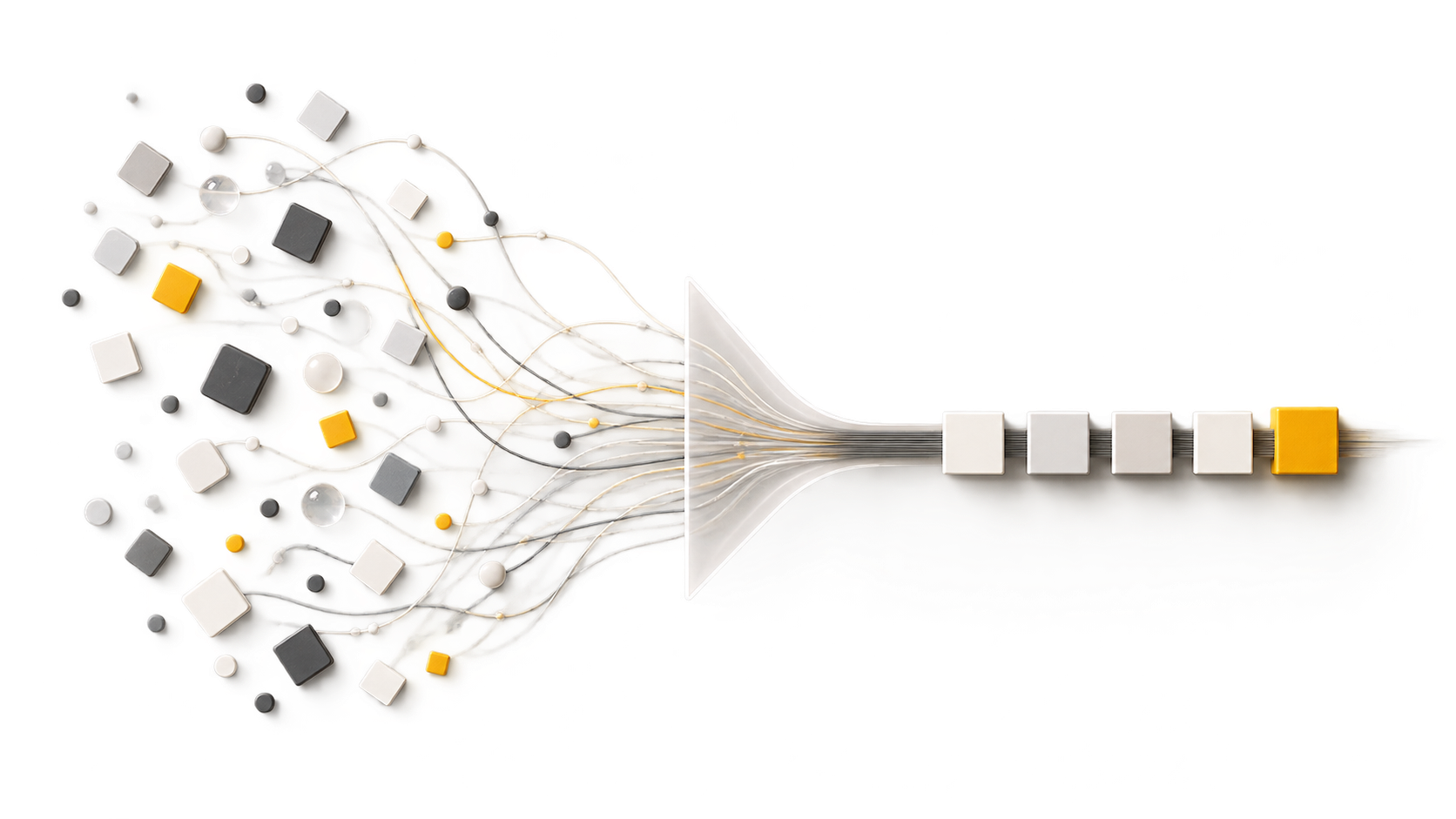 Abstract simplification graphic showing many inputs becoming one clear execution path